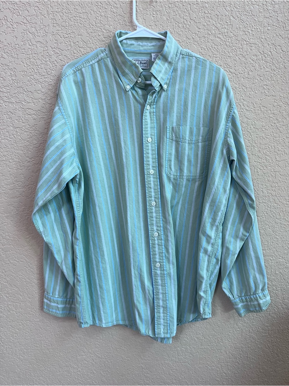L.L. Bean Men's Seafoam Green and White Striped Button-Down Shirt